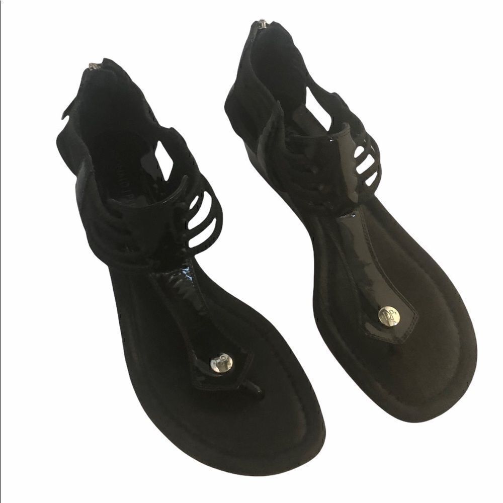 Donald Pliner Black Patent Leather Wedge Sandals Size 7.5